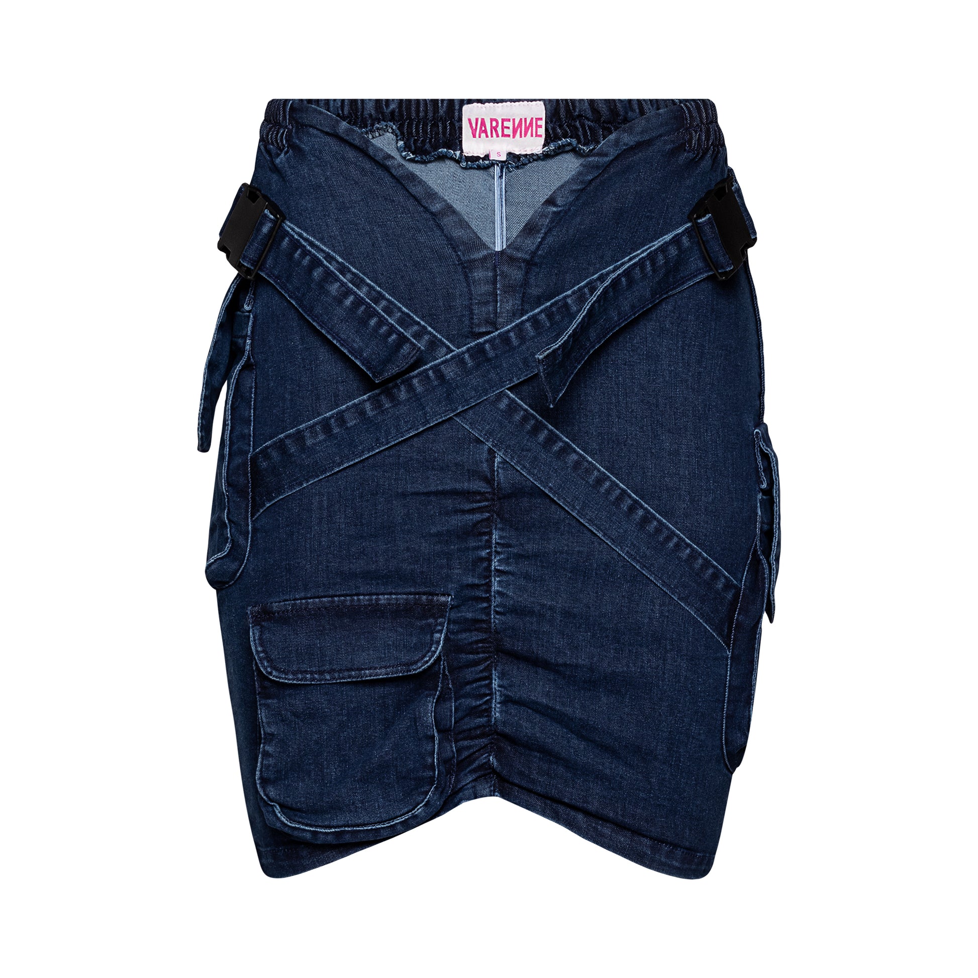 V Cut Denim Cargo Skirt Dark Blue