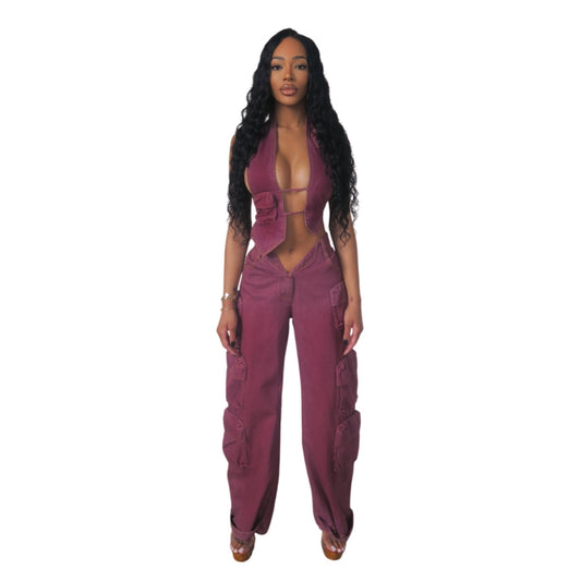 Slanted V Denim Trousers Puce