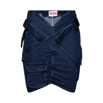 V Cut Denim Cargo Skirt Dark Blue