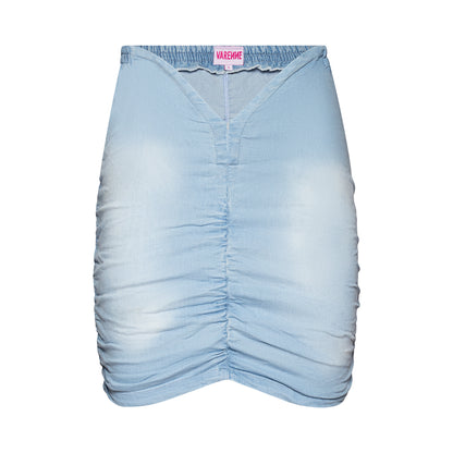 V Cut Ruched Denim Mini Skirt