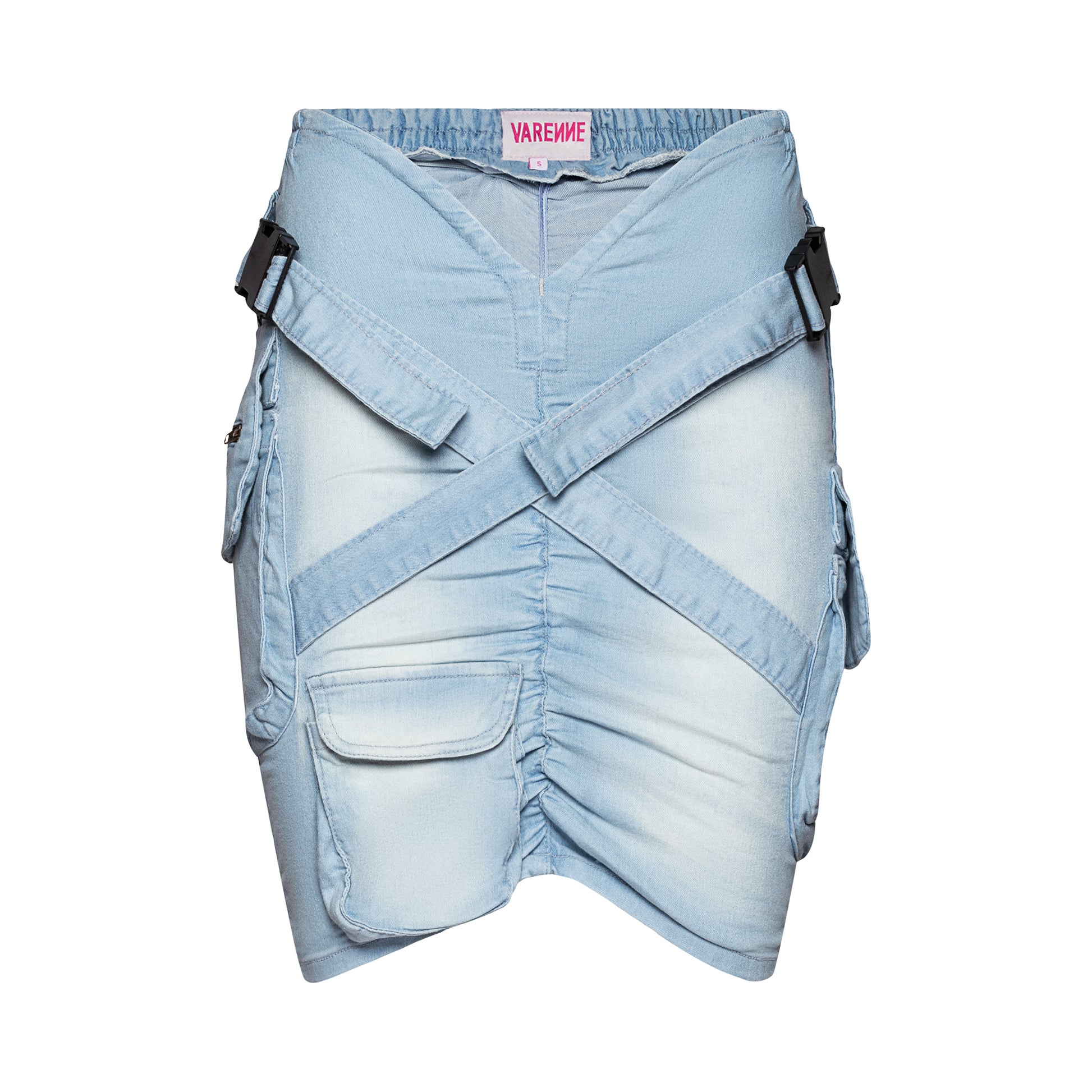 V Cut Denim Cargo Skirt Light Blue
