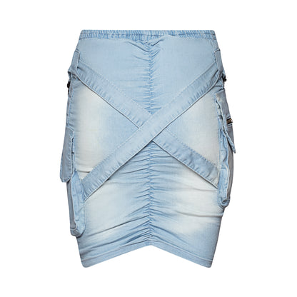 V Cut Denim Cargo Skirt Light Blue