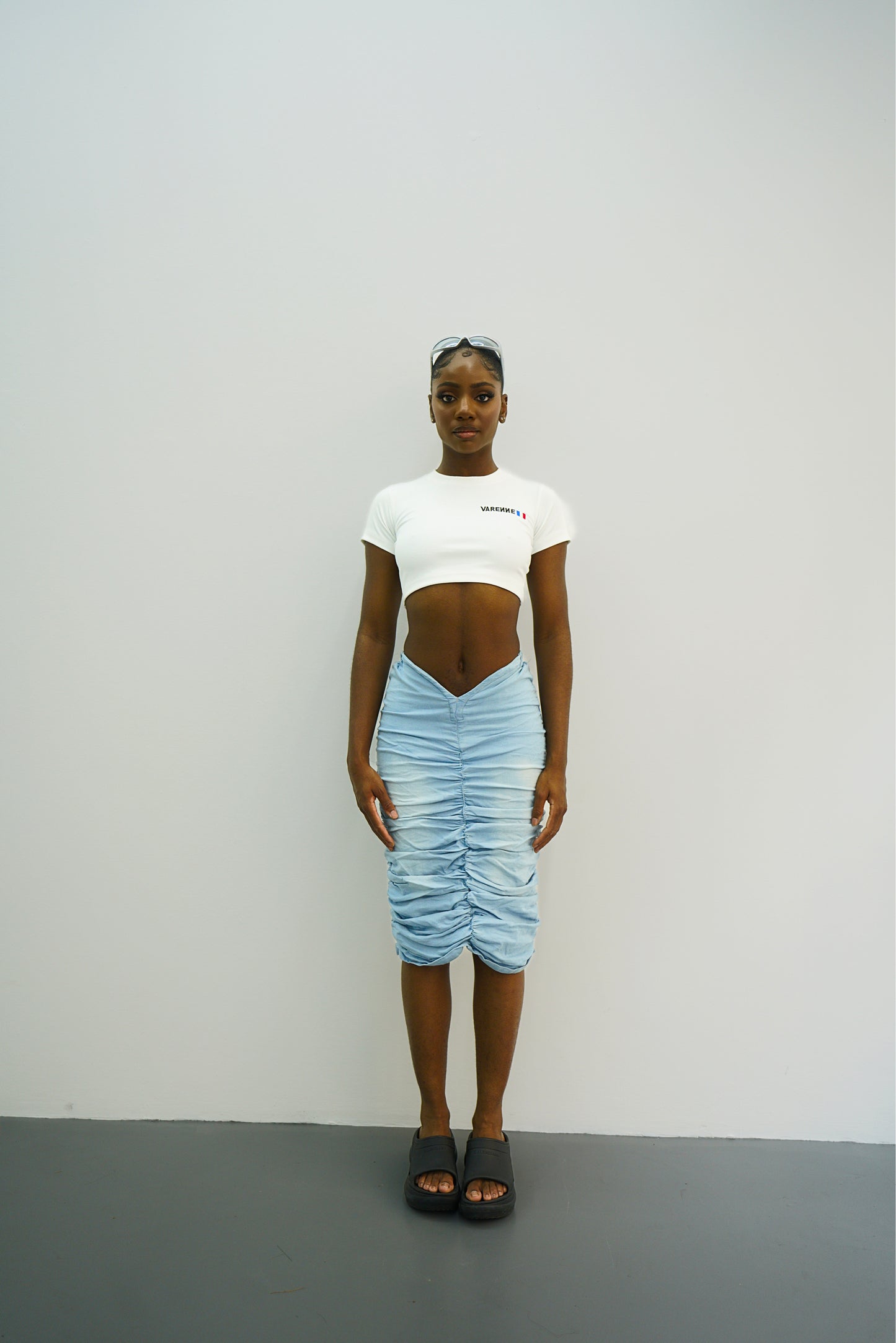 V Cut Ruched Denim Skirt
