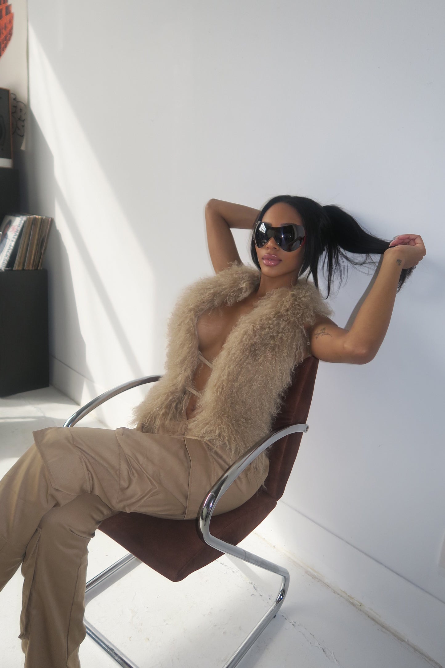Mongolian Fur Halter Top Beige