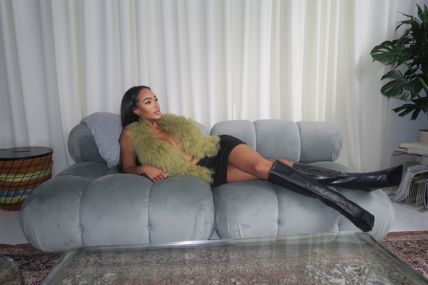 Mongolian Fur Halter Top Olive