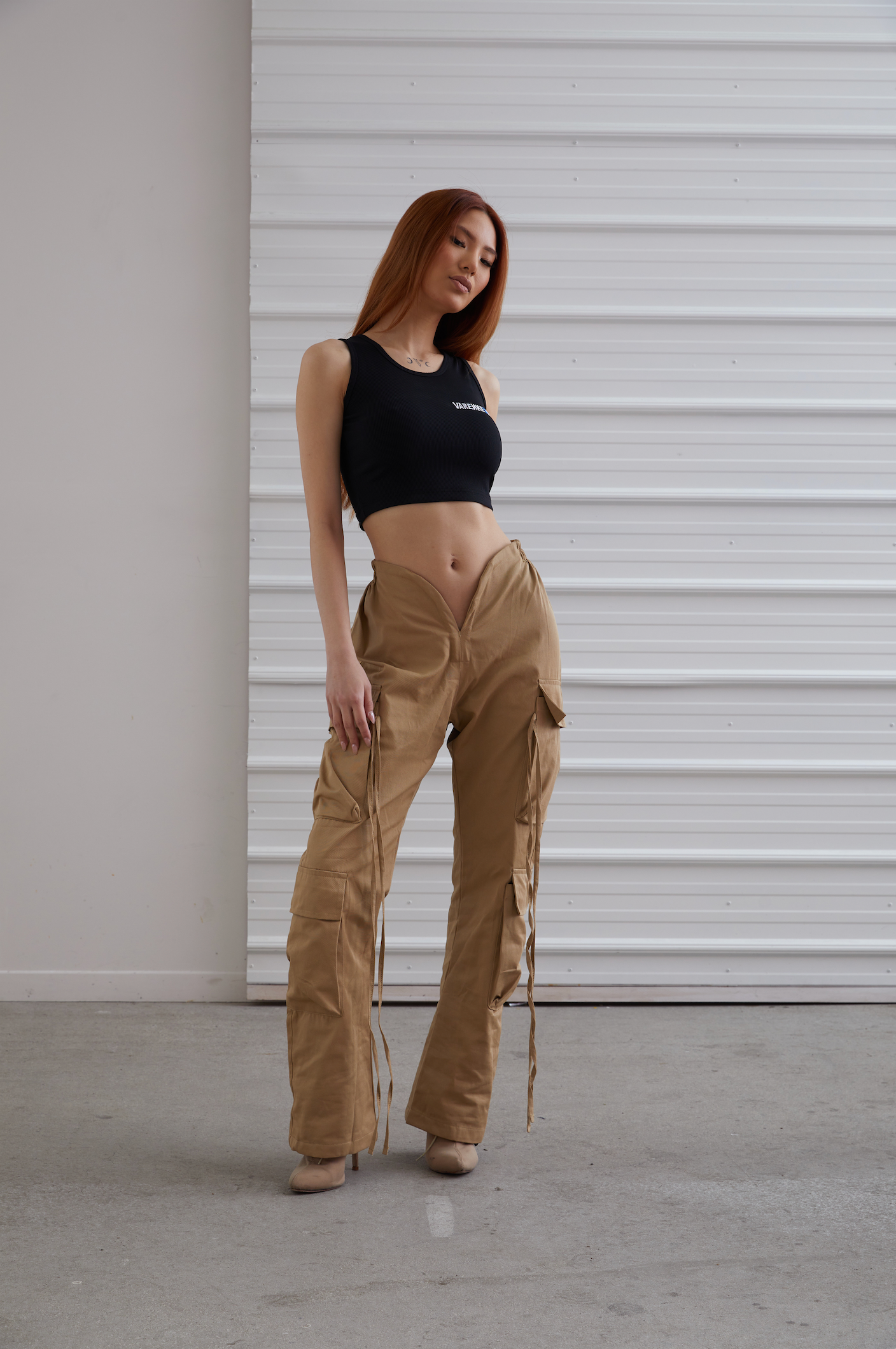 V Cut Khaki Pants Dark Beige