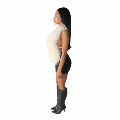 Top con cuello halter de piel de Mongolia