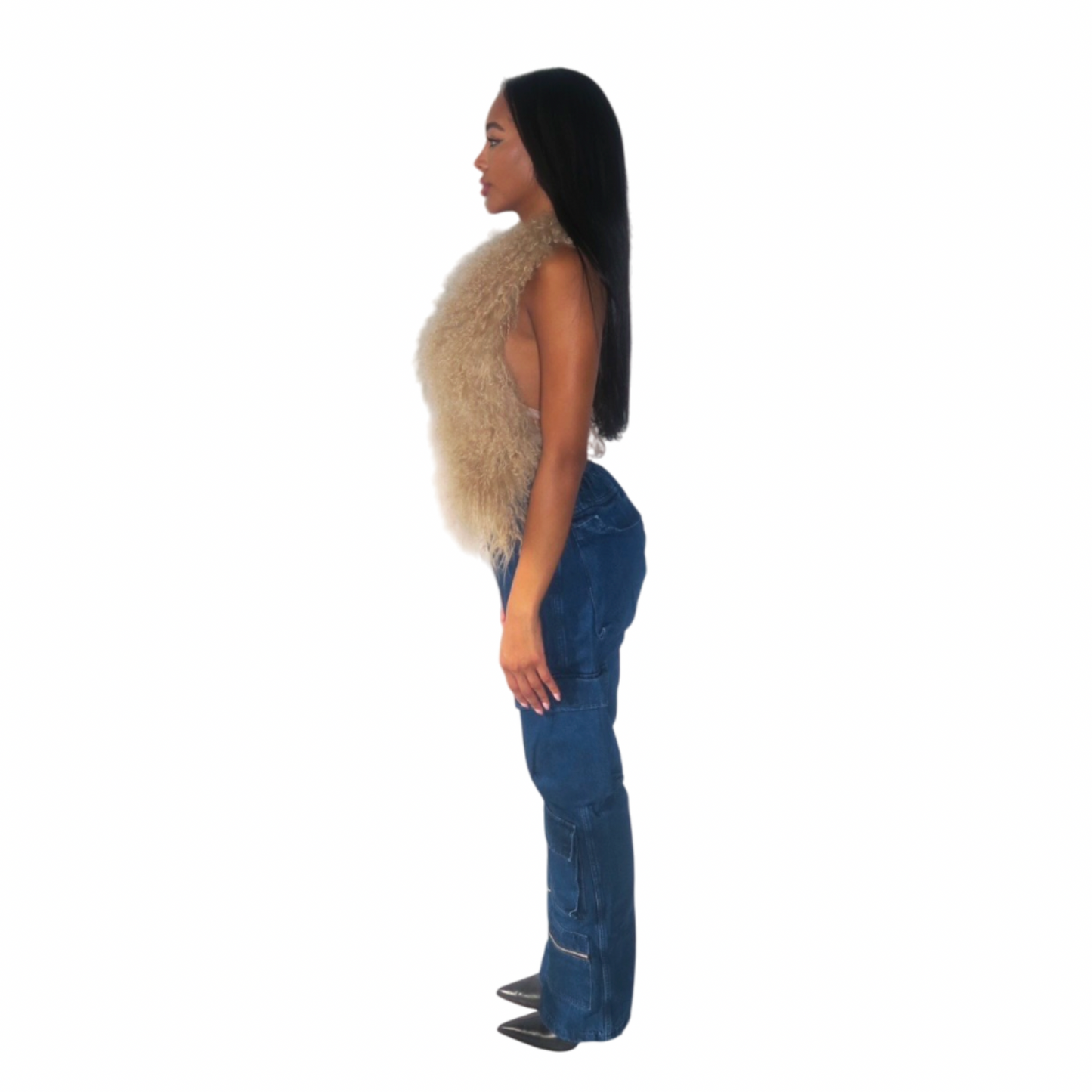 Mongolian Fur Halter Top Beige