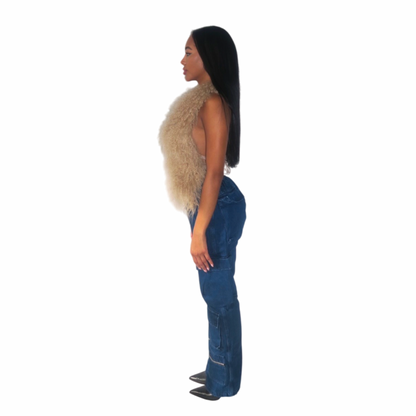 Mongolian Fur Halter Top Beige