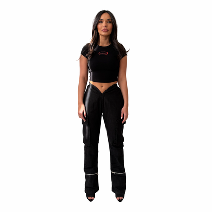 V Cut Denim Pants Black