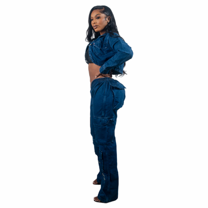 V Cut Denim Pants Blue