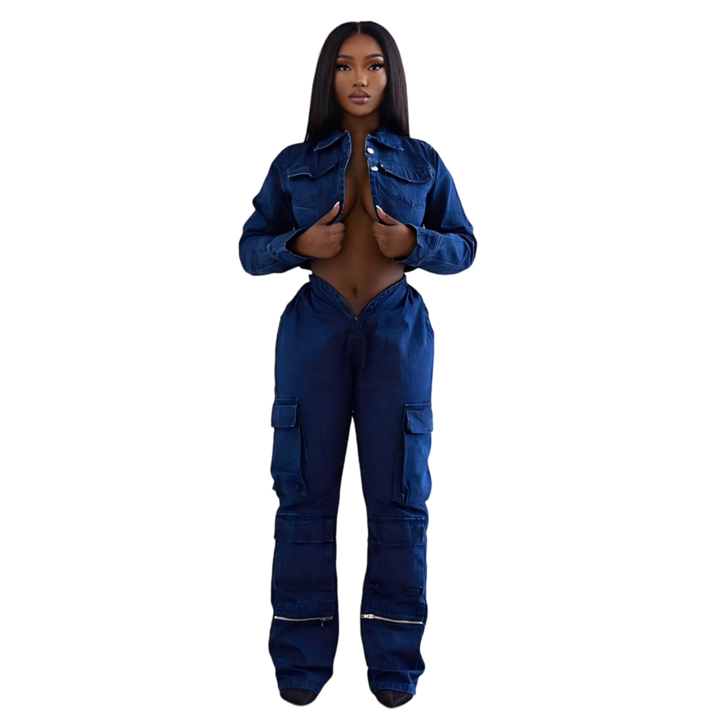 V Cut Denim Pants Blue