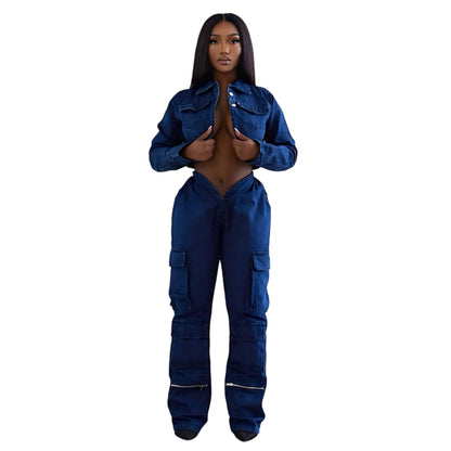 V Cut Denim Pants Blue