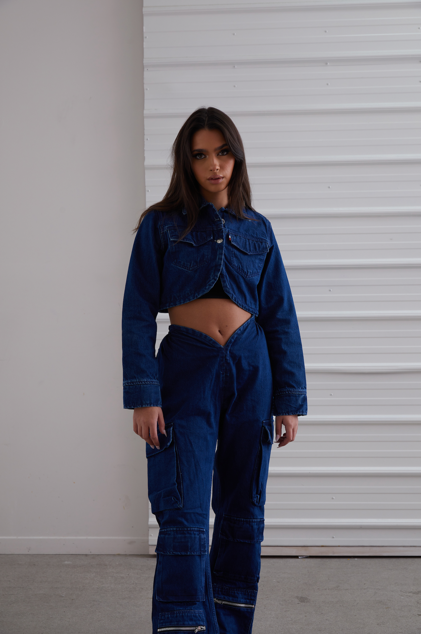 V Cut Denim Pants Blue